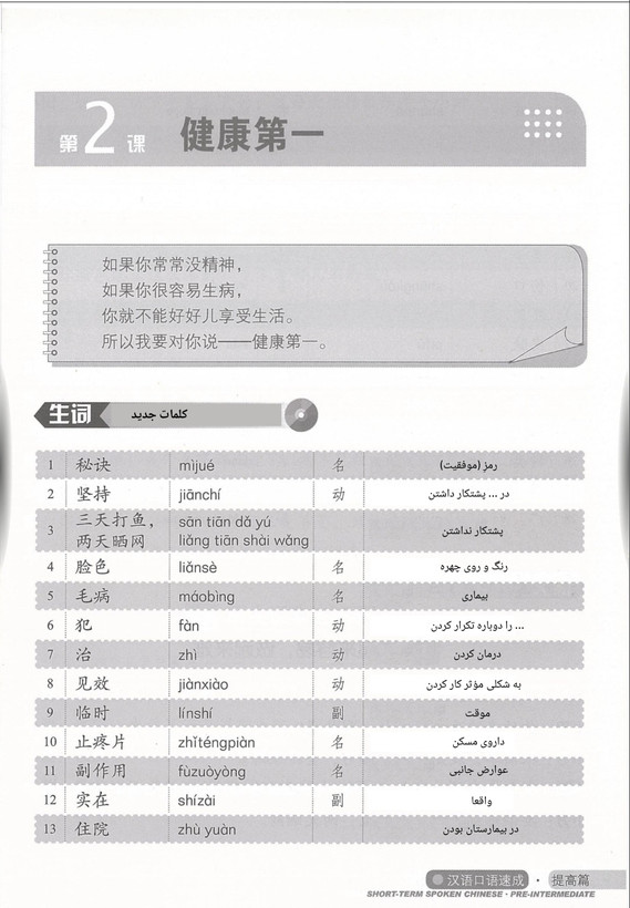 زبان گفتاری چینی کوتاه مدت - پیش متوسطه (Short Term Spoken Chinese)